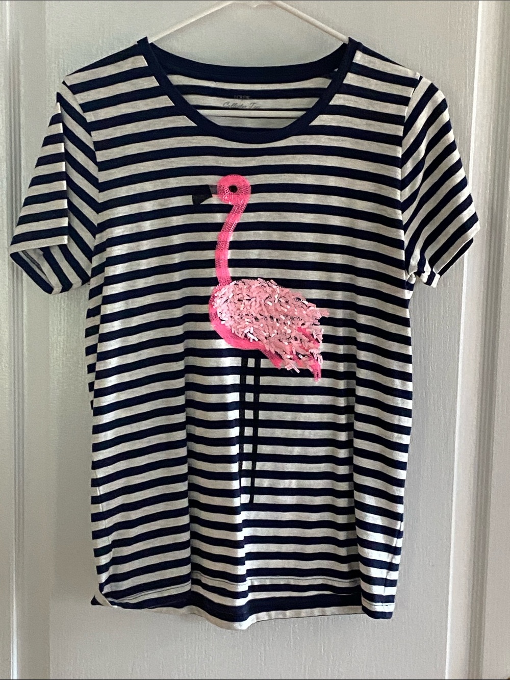 J. CREW Women’s Striped Navy & White Tee with Pink Flamingo Sequin